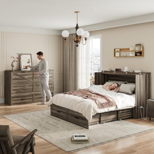 Hlivelood Queen Size Farmhouse Murphy Bed with Drawer&Charging Station,Grey
