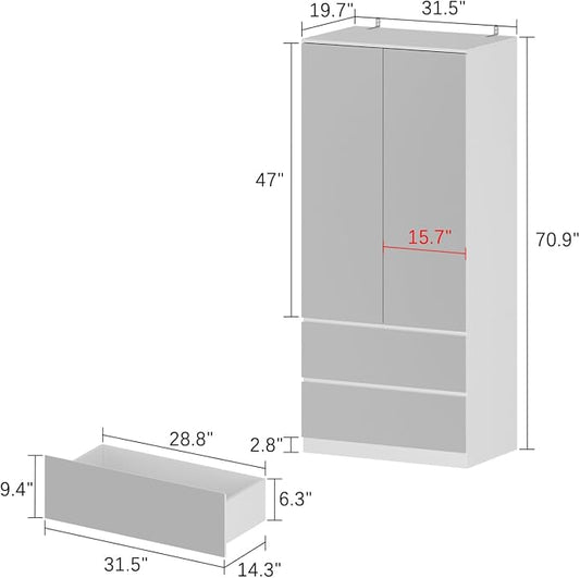 FUFU&GAGA Wardrobe with Mirror Doors, White Bedroom Armoire with 2 Drawers, Hanging Rod, Mirrored Closet Modern Clothes Storage Cabinet for Bedroom Cloakroom, 31.5”W x 19.7”D x 70.9”H