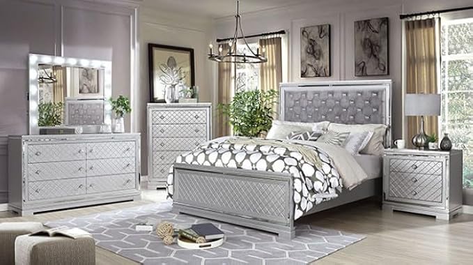 First of a Kind Queen Size Glam Bedroom Furniture 5 Piece Set in Silver - Button Tufted Headboard, Mirror Panels Crystal Acrylic, Storage Chest, Bed, Dresser, Mirror, Nightstand, Luxury Suite