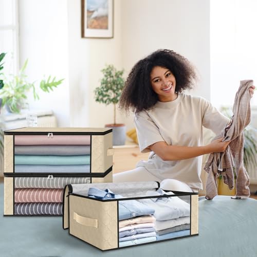 HomeHacks 10-Pack Clothes Organizer Storage Bags, 35L Storage Bins, Beige