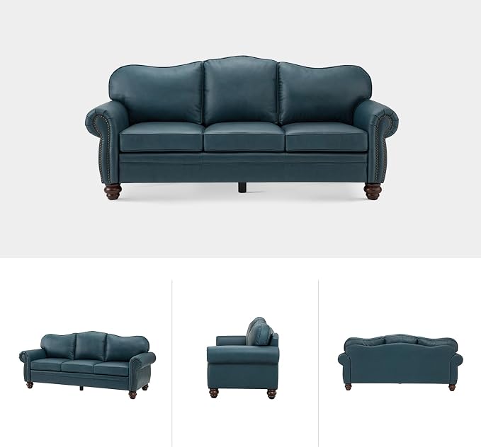 81" Genuine Leather Sofa, Classic 3-Seater Couchs with Wood Legs, Stylish & Comfortable Sofa for Living Room or Office, Easy Assembly and Maintain & Long-Lasting, Turquoise