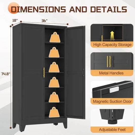 PAOFIN 75" Metal Kitchen Pantry Cabinet,Black Storage Cabinet with Doors and 5 Adjustable Shelves, Cabinet with 2 Metal Handles,Tall Cabinet for Livingroom,Pantry, Bathroom,Kitchen