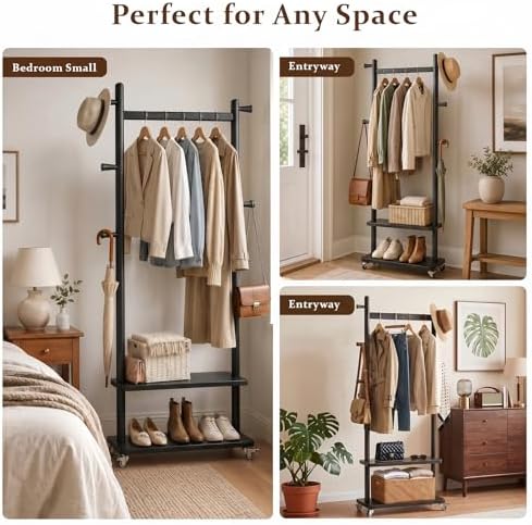Coat Rack Freestanding Solid Wood Clothes Rack with Wheels