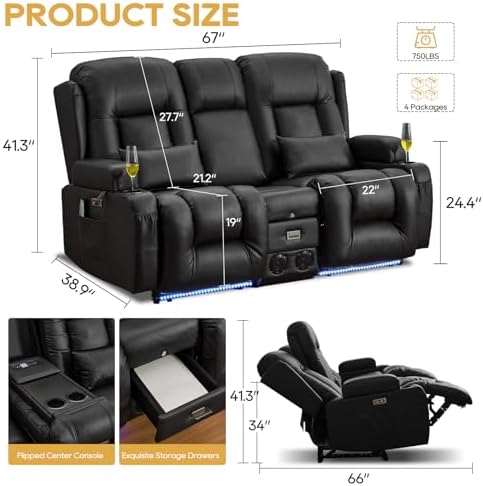 IPKIG Power Loveseat Recliner Sofa with Flip Back Console, 67" - 3 Seat