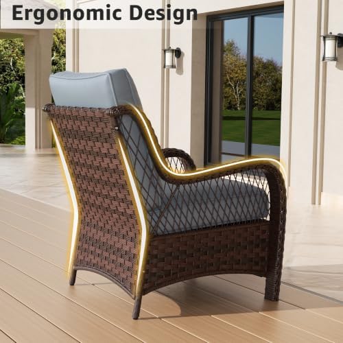 Wicker Patio Chairs Set of 2, Wicker Patio Furniture Chairs with High Back, Wide Armrest, Thickened Cushions, Outdoor Rattan Furniture for Deck, Porch Use, Dark Grey
