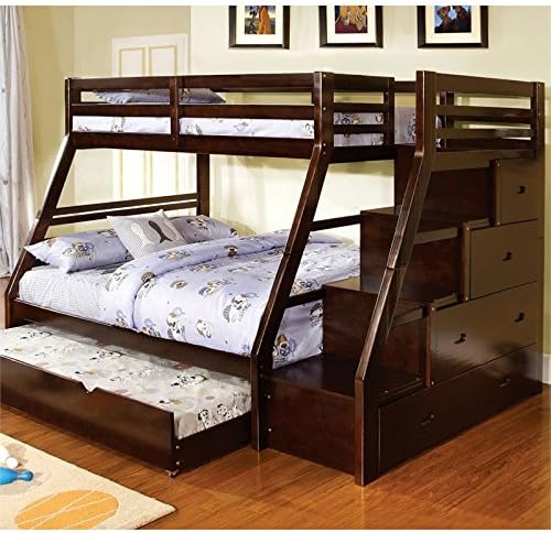 BOWERY HILL Twin Over Full Storage Bunk Bed, Solid Wood and Veneer, Walnut Finish, 99.75 x 56.5 x 65 in, Side Staircase, Tiered Drawers, Slatted Guard Rail, Transitional Style for Kids or Guest Room