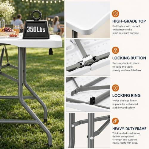 Fenbeli Folding Table 6FT, Upgraded 18% Thickened HDPE Top, 350 LBS, White