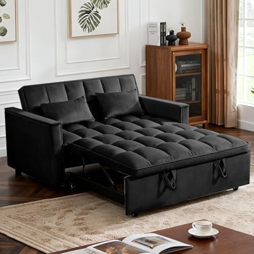 54'' Sleeper Sofa Bed, Convertible Pull Out Couch Futon with Side Pockets, Velvet Loveseat Sofa Bed with Adjustable Backrest, Armrest Pillows for Living Room Dorm Apartment, Black