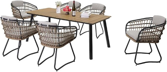 7-Piece Outdoor Wicker Dining Set with Wood-Plastic Composite Table Weather-Resistant Patio Furniture for 6 Person Scandinavian Design for Deck Garden Family Gatherings