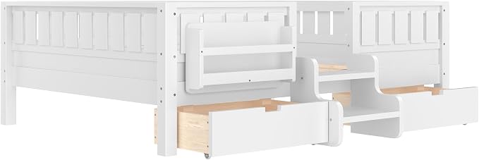 Bellemave Full Size Bed with Slats and Stairs, Full Size Platform Bed Frame with Fence, Bookshelf and Storage Drawers, Easy Assemble Beds for Kids, Girls, Boys, White