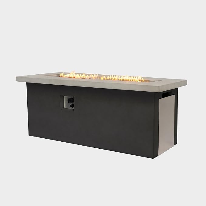 60" Outdoor Propane Fire Pit Table, Rectangular Concrete Gas Fire Pit with 60,000 BTU Heating, Hidden Tank Storage, Electronic Ignition, Lava Rocks & Cover for Patio Backyard Deck Garden, Light Grey