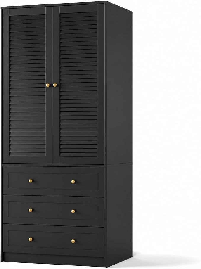 GarveeHome Armoire Wardrobe Closet with 3 Drawers, 69.5" Wooden Wardrobe Cabinet, Hanging Rod, 2 Doors Clothing Storage Cabinet for Bedroom, Large Capacity Storage, Louvered Door, Black