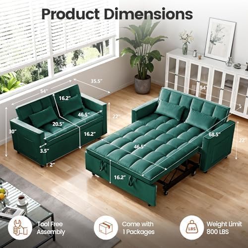3 in 1 Convertible Sofa Bed, Velvet Fabric Loveseat Sleeper Sofa with Side Pockets, Pull Out Couch with Adjustable Backrest for Living Room, Small Spaces, Bedroom, Apartment, Green
