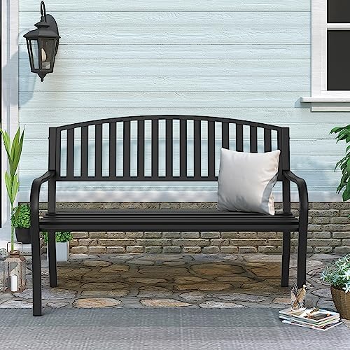 Outdoor Bench Garden Bench, Weatherproof Anti-Rust Heavy-Duty Outside Benches Clearance, Wrought Iron Metal Bench for Front Porch, Patio, Park