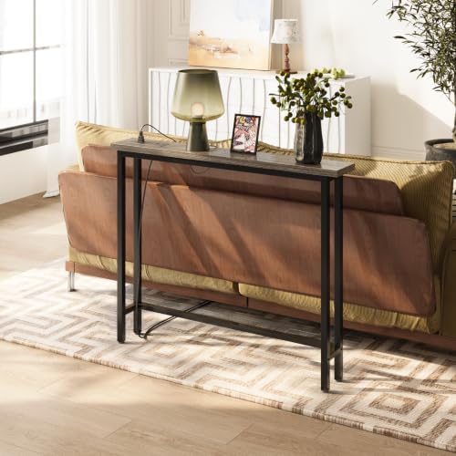 VINGLI 39" Console Table with Power Outlet, Narrow Sofa Table,Charcoal Gray