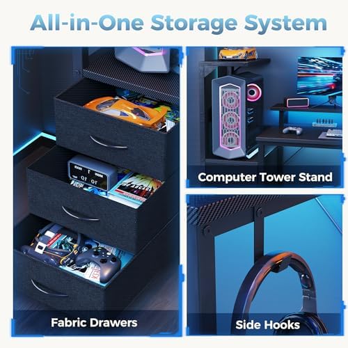 DUMOS 52" Gaming Desk with USB Charging Ports & LED Lights, Black