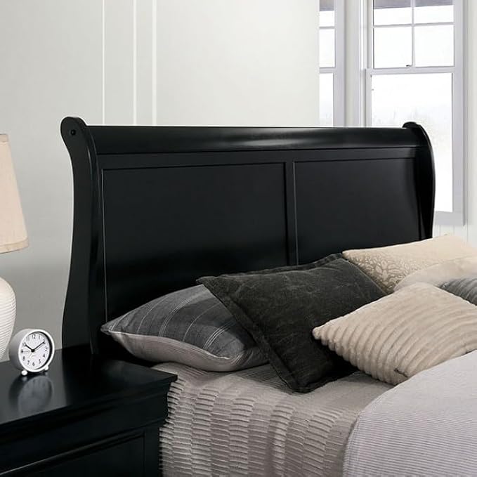 First of a Kind Louis Philippe Traditional Queen Size Bedroom Set 5 Piece Sleigh Design in Black Finish - Solid Wood Frame Elegant Classic Bedroom Furniture Set