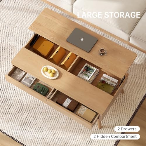 Solid Oak Lift Top Coffee Table with Drawers, Natural, 39,37"