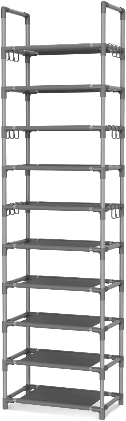 VTRIN 10 Tiers Tall Shoe Rack Holds 20-25 Pairs of Shoes Sturdy Vertical Shoe Organizer with 18pcs Hooks Stackable Narrow Shoe Rack for Closet, Entryway Grey