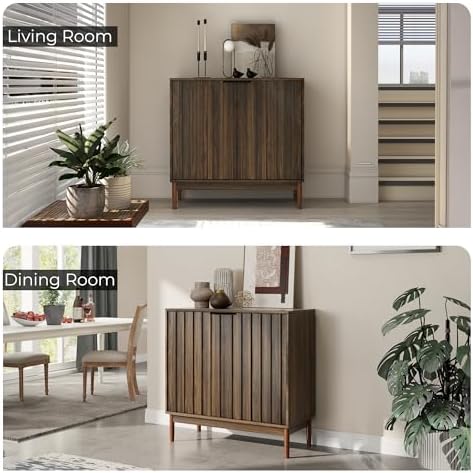 Fluted Buffet Cabinet with Storage, Small Accent Cabinet, Brown