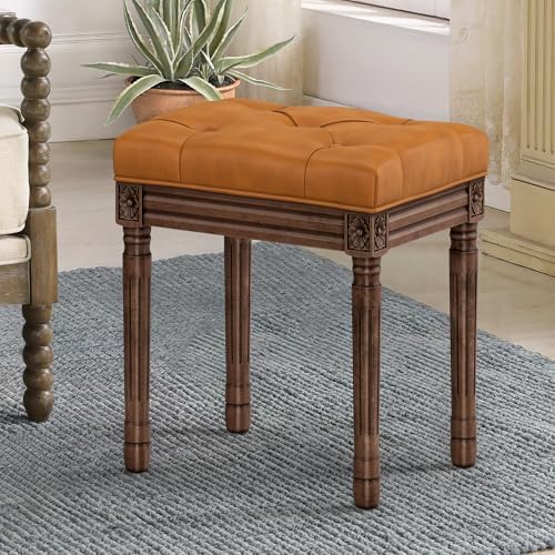 LUE BONA Upholstered Fabric Vanity Bench Seat, Makeup Stools for Vanity, Square Tufted Ottoman Bench with Carved Dark Brown Color Legs for Bedroom Living Room, Whiskey Brown