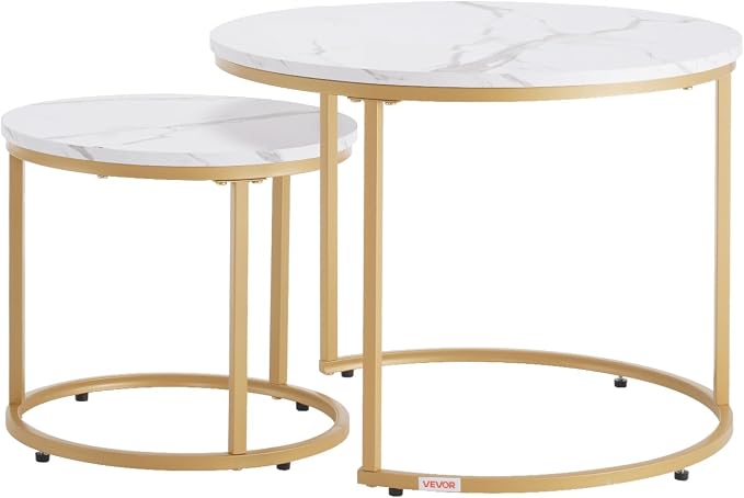 VEVOR Nesting Coffee Table Set of 2, 23.6 in Round Coffee Table, Nesting Tables for Small Place, Vintage End Side Tables Night Stand with Metal Frame, for Living Room, Bedroom, Office (White & Gold)