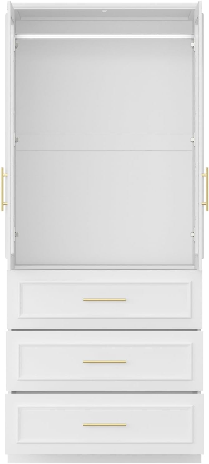 Timechee Almirah for Clothes, 74.8" Tall Bedroom Closet Storage Cabinet with Tempered Glass Doors and Shelves, Hanging Rod, White Standing Wardrobe Armoire Clothes Closet with Drawers for Bedroom