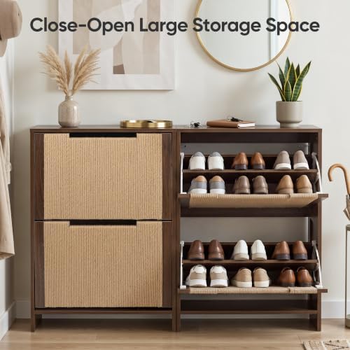 Shoe Cabinet with 2 Flip Drawers, Rope Wrapped Doors, Walnut