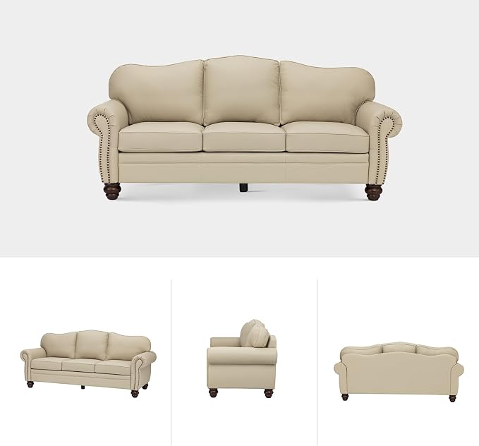 81" Genuine Leather Sofa, Classic 3-Seater Couchs with Wood Legs, Stylish & Comfortable Sofa for Living Room or Office, Easy Assembly Maintain & Long-Lasting, Beige