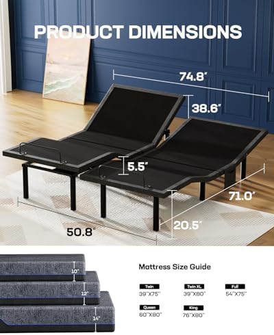 Marsail NS2 Pro Split King Adjustable Bed Base with Massage-Smart Dual Motor Bed Frame with Wireless Remote or App Control, 3-Min Assembly, Zero Gravity&Anti-Snore Modes, Under Bed Lighting