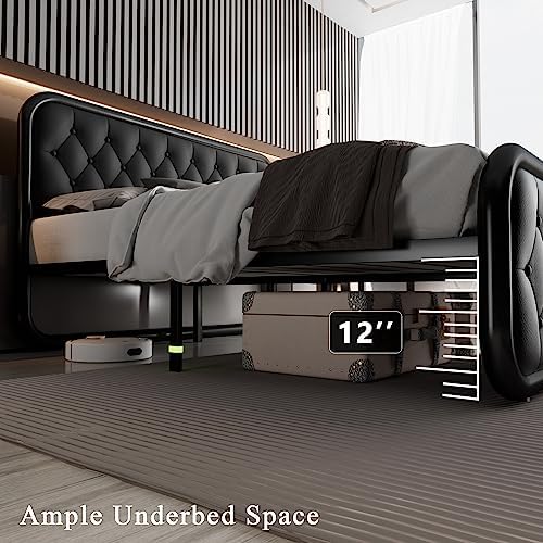 Feonase King Size Bed Frame, Upholstered Bed Frame with Faux Leather Headboard, Heavy Duty Platform Bed with Strong Metal Slats, 12 Inch Under-Bed Storage, Noise-Free, Easy Assembly, Black