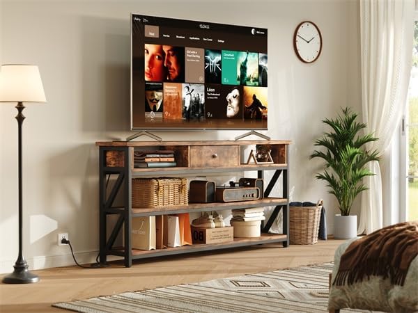 Mexin 47 Inch Console Table with 2 Outlet and 2 USB Ports, Entryway Table with Drawer and Storage Shelves, Narrow Sofa Table for Living Room and Hallway, Vintage Brown