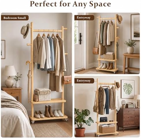 Coat Rack Freestanding Solid Wood Clothes Rack with Wheels