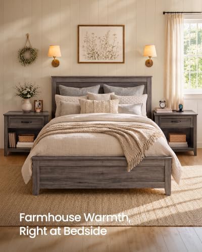 VASAGLE Farmhouse Nightstand with Charging Station, Drawer and Open Shelf