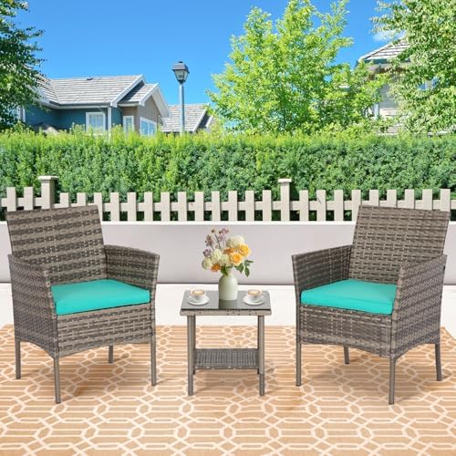 FDW 3-Piece Patio Furniture Set | Gray & Blue | Outdoor Wicker Furniture