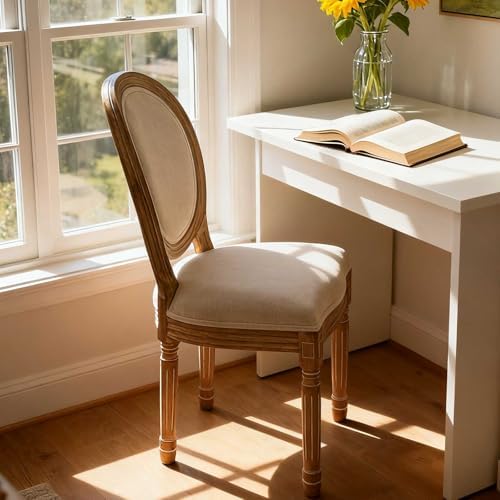 LZMS Vintage Dining Chairs Set of 2, Vintage Farmhouse Style Rubber Wood Room Chairs, Round Back, Solid Wood Frame, Beige Fabric Upholstery French Country Chairs for Kitchen, Bedroom, Dining Room