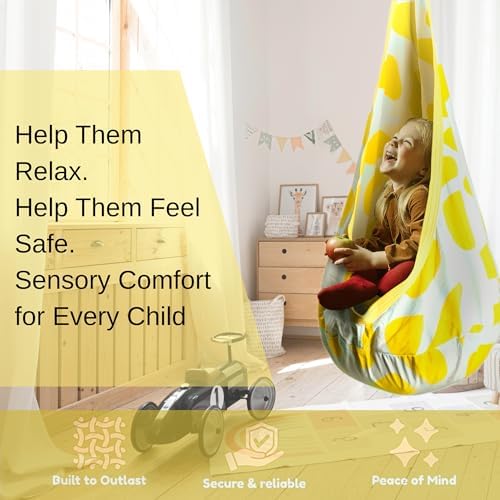 Calming Sensory Swing - Indoor Sensory Hammock for Kids & Adults, Supports up to 170 lb (77 kg), Double-Layer Canvas Fabric, Hanging Hardware Included, White-Yellow