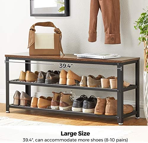 VASAGLE 3-Tier Shoe Rack, Storage Bench with Metal Mesh Shelves and Seat
