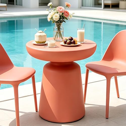 Modern Mushroom Round Side Table, 16" Dusty Pink PE Accent End Table, Waterproof Pedestal Small Coffee Table for Living Room Bedroom, No Assembly Indoor/Outdoor Nightstand
