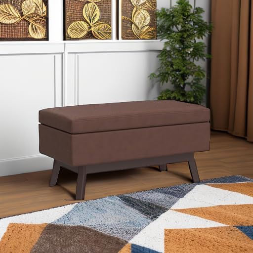 SIMPLIHOME Owen Small Rectangular Storage Ottoman - 36 inch Wide Upholstered Vegan Leather Lift-Top Ottoman in Distressed Saddle Brown, Mid-Century Modern Ottoman for Living Room with Tufted Detail