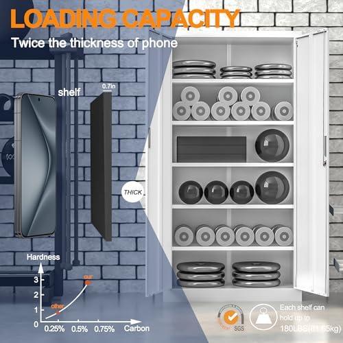 White Garage Storage Cabinet, 71" H Metal Storage Cabinet with 5 Adjustable Shelves, Locking Cabinets for Home, Office, Garage, School