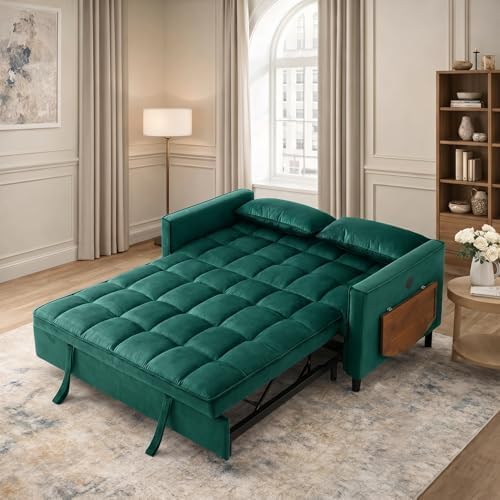 4 in 1 Convertible Sofa Bed, Pull Out Couch with Adjustable Backrest, Loveseat Sleeper Sofa Bed with USB Ports and Side Table, Couch Beds for Living Room, Bedroom, Apartment, Green