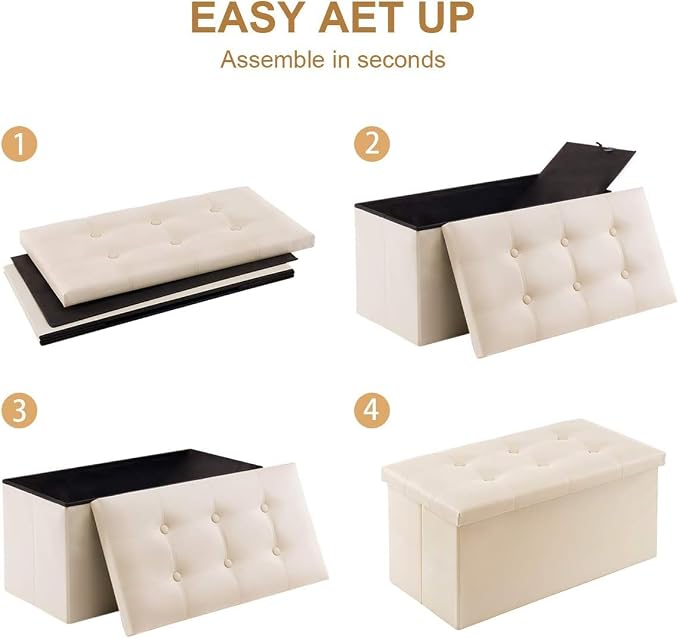 YOUDENOVA Folding Storage Ottoman, Faux Leather Ottoman Bench Footrest Ottoman, Storage Chest Padded Seat for Bedroom and Living Room, Beige,15" D x 30" W x 15" H