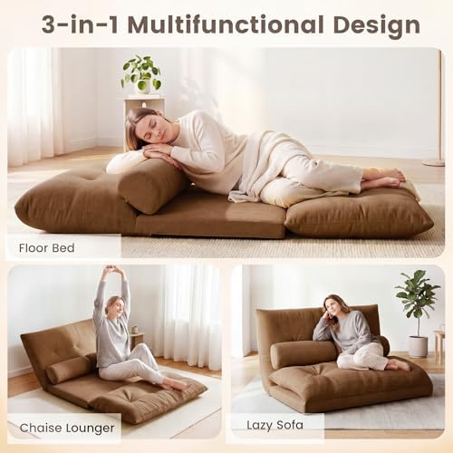 GIANTEX Adjustable Floor Sofa Couch with 2 Pillows, Multi-Functional 6-Position Foldable Lazy Sofa Sleeper Bed, Multi-Functional Suede Floor Seating Sofa for Reading Gaming (Coffee)