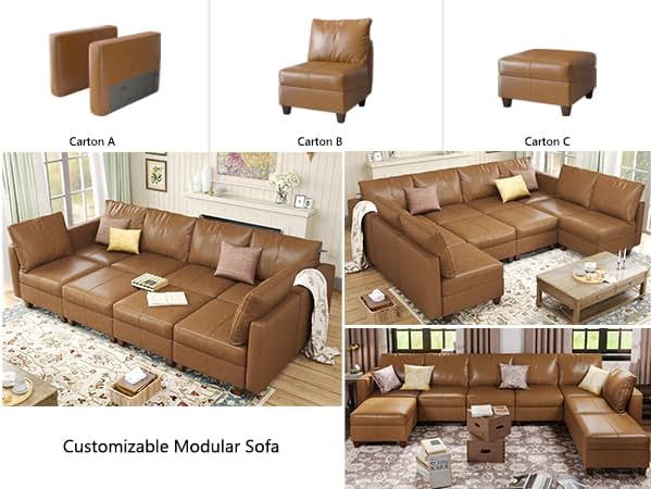 EASE MOOSE Modualr Sectional Couch U Shaped Sofa with Storage Ottomans, Faux Leather Modular Sofa Couch with Reversible Chaises for Apartment