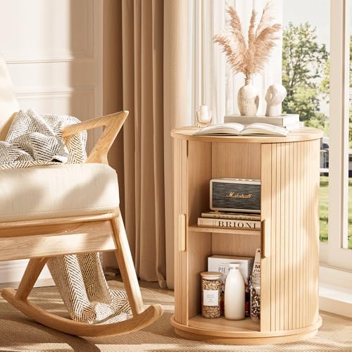 Side Table with Storage for Living Room, Round End Table with Sliding Tambour Door, Wood Night Stand Nightstand Bedside Table for Bedroom, Small Round Side Table, Mid Century Modern, Light Oak