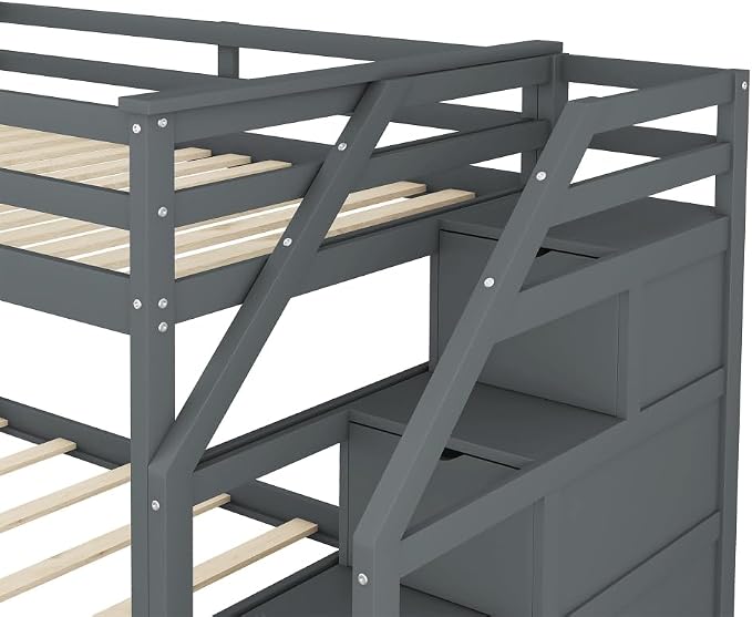 MERITLINE Twin Over Twin Bunk Beds with Trundle and Storage Box, Solid Wood Bunk Bed with Stairs and Storage Case for Teens Adults (Gray + Solid Wood)