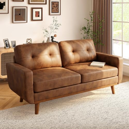 Mid Century Modern Loveseat Sofa, 65"W Upholstered Comfy Couch with Tufted Design and Square Arms, 2 Seater Small Couch with Deep Seat and Solid Wood Legs for Living Room, Bedroom, Apartment(Brown)