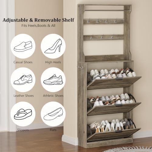 Fluted Shoe Storage Cabinet for Entryway with Coat Rack, Grey