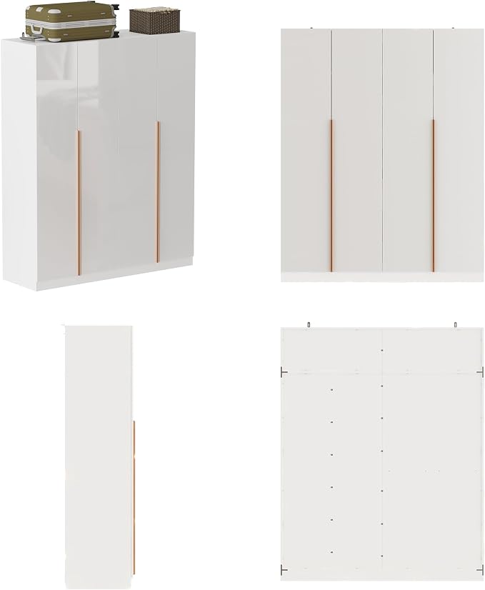 Homsee 63" W Wardrobe Closet Armoire with 4 Glossy Doors, Wooden Bedroom Clothing Storage Cabinet with 3 Hanging Rods & 10 Storage Compartments, White